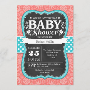 Invitation de Baby shower floral Coral Turquoise C