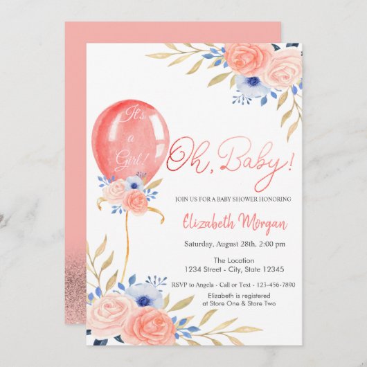 Invitation de Baby shower floral de ballon (Devant / Derrière)