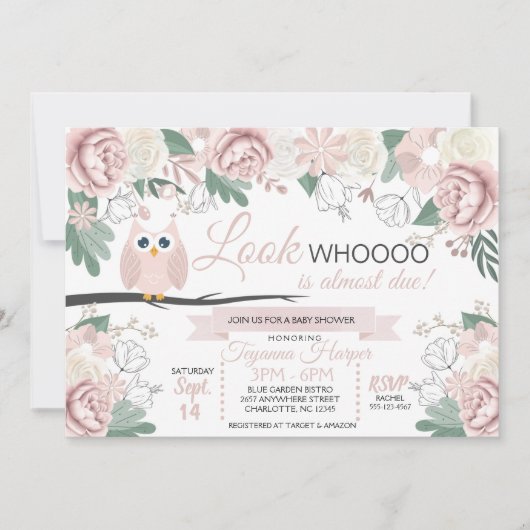 Invitation de Baby shower Floral de Chouette rose (Devant)