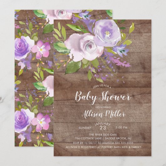 Invitation de Baby shower floral de lavande rustiq (Devant / Derrière)