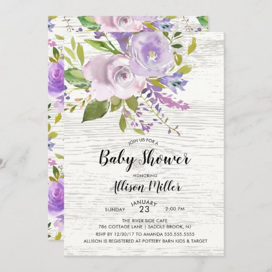 Invitation de Baby shower floral de lavande rustiq (Devant / Derrière)