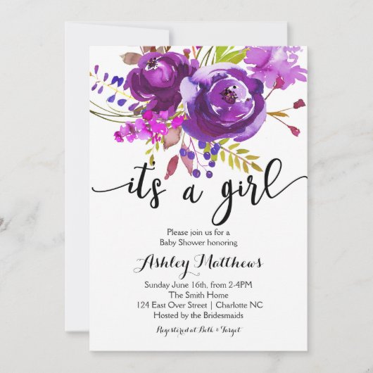 Invitation de Baby shower Floral de lavande violet (Devant)