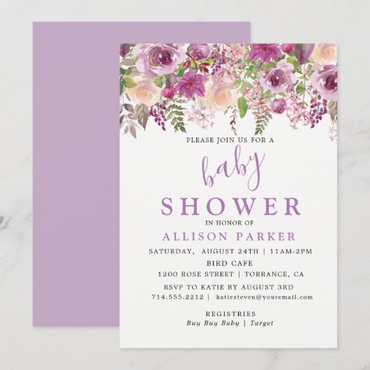 Invitation de Baby shower Floral de lavande violet (Devant / Derrière)