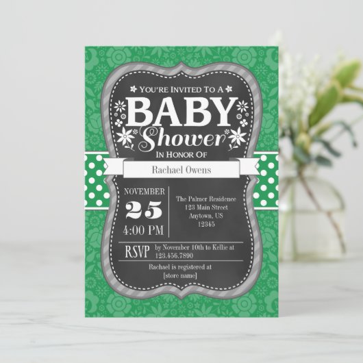 Invitation de Baby shower Floral de tableau vert (Debout devant)