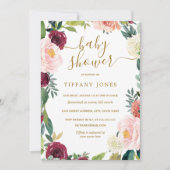 Invitation de Baby shower floral d'or de Bourgogne (Devant)
