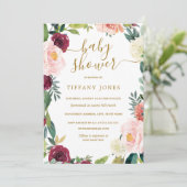 Invitation de Baby shower floral d'or de Bourgogne (Debout devant)