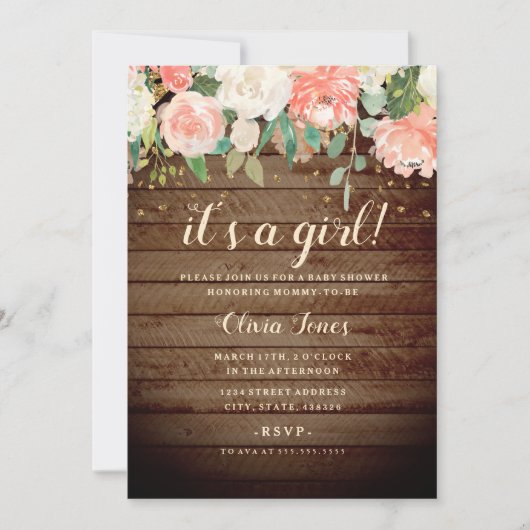 Invitation de Baby shower Floral en bois rustique (Devant)