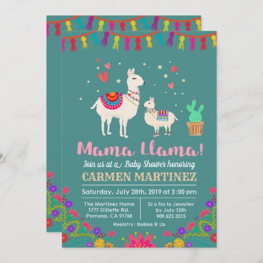 Invitation de Baby shower floral Llama (Devant / Derrière)