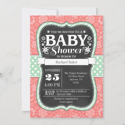 Invitation de Baby shower Floral Mint Chalkboard (Devant)
