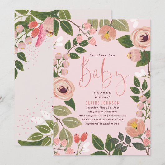 Invitation de Baby shower floral peint | Corail (Devant / Derrière)