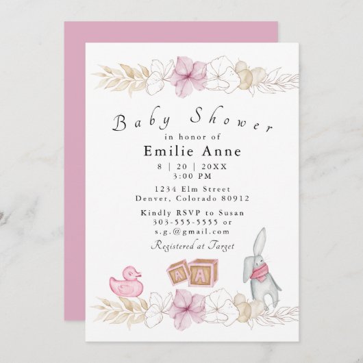Invitation de Baby shower floral rose délicate (Devant / Derrière)