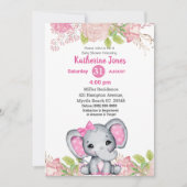 Invitation de Baby shower Floral Rose Eléphant mig (Devant)