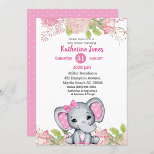 Invitation de Baby shower Floral Rose Eléphant mig
