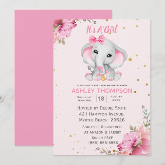 Invitation de Baby shower Floral Rose Eléphant mig (Devant / Derrière)