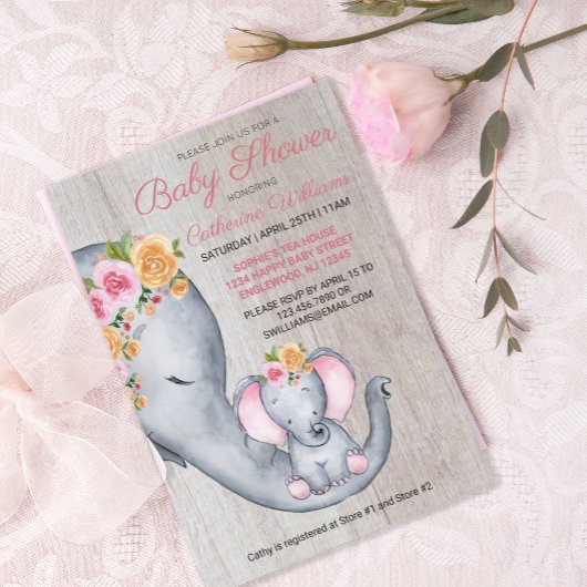 Invitation de Baby shower Floral Rose Eléphant mig