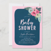 Invitation de Baby shower floral rose et bleu rust (Devant)