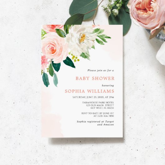 Invitation de Baby shower Floral Rose rose