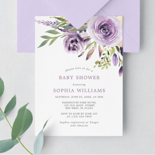 Invitation de Baby shower Floral Rose violet