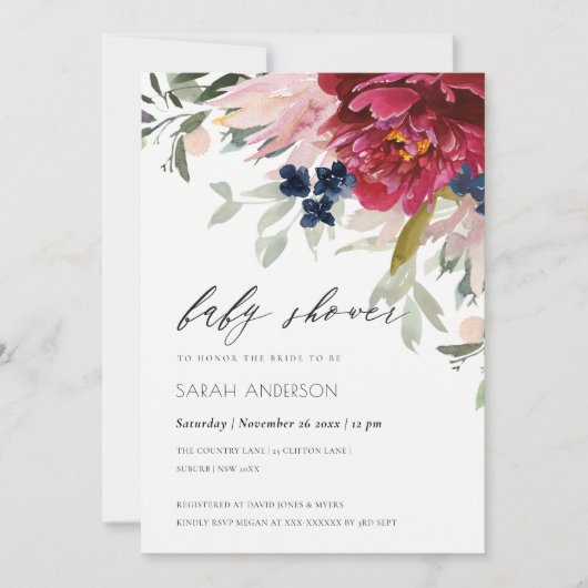 Invitation de Baby shower floral rouge bordeaux (Devant)