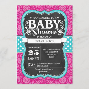 Invitation de Baby shower floral Turquoise Chalkbo