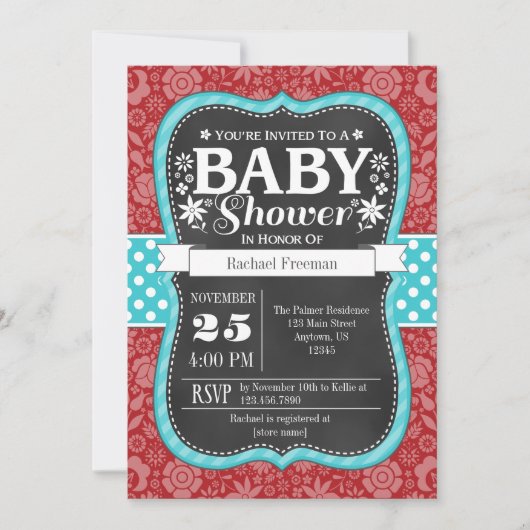 Invitation de Baby shower Floral Turquoise rouge (Devant)