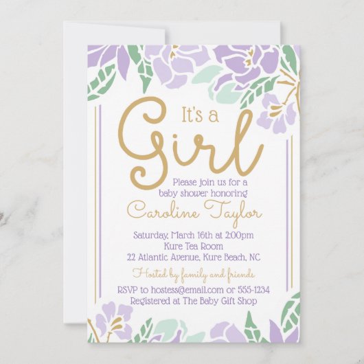 Invitation de Baby shower floral violet et or (Devant)