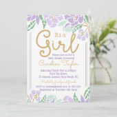Invitation de Baby shower floral violet et or (Debout devant)