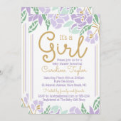 Invitation de Baby shower floral violet et or (Devant / Derrière)