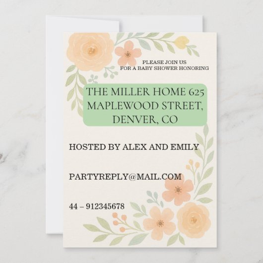 Invitation de baby shower florale (Dos)