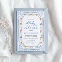Invitation de baby shower florale à rayures bleues