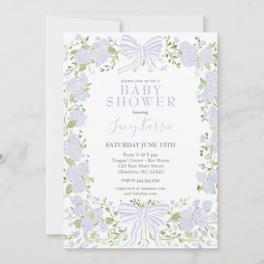 Invitation de baby shower florale bleue, (Devant)
