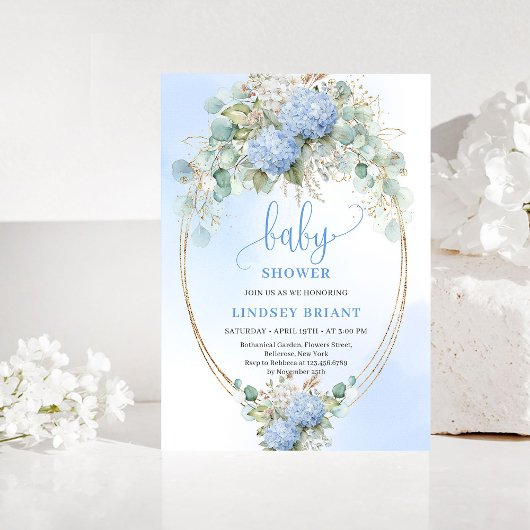 Invitation de baby shower florale bleue Soft Boho