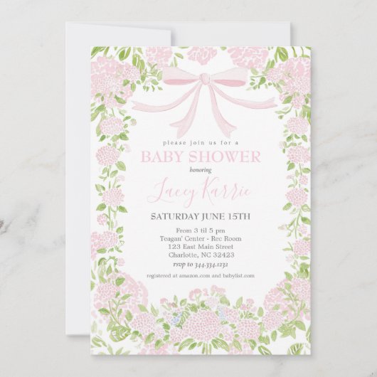Invitation de baby shower florale rose, (Devant)