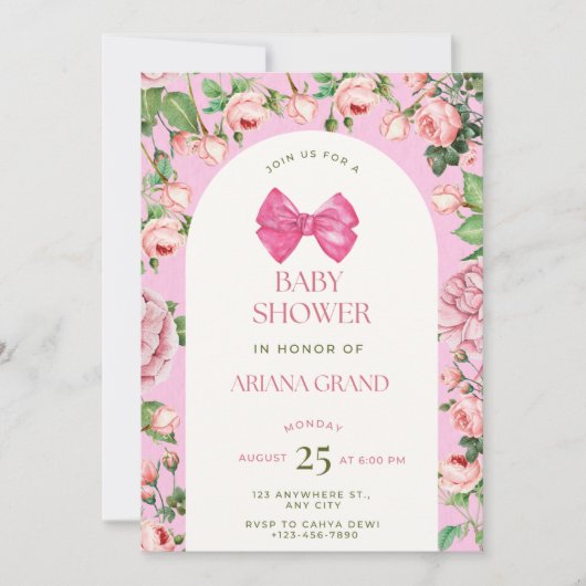 Invitation de baby shower florale rose – Modèle mo (Devant)