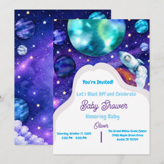 Invitation de baby shower fusée espace aquarelle