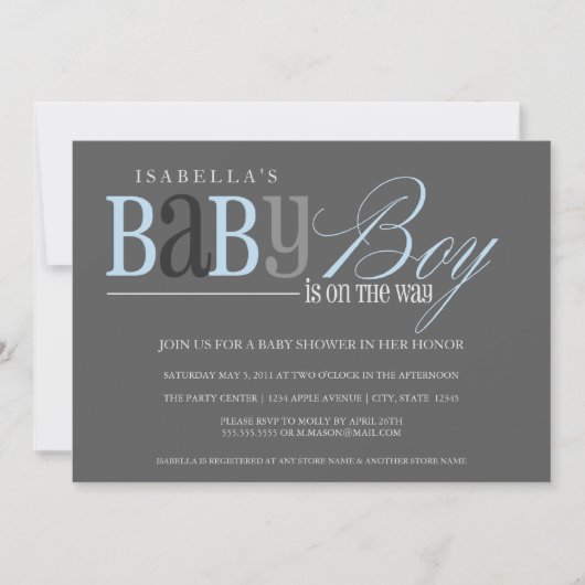 Invitation de Baby shower gris 5x7 - Bleu (Devant)