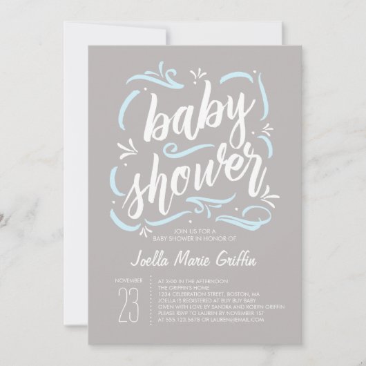 Invitation de Baby shower gris et bleu doux (Devant)