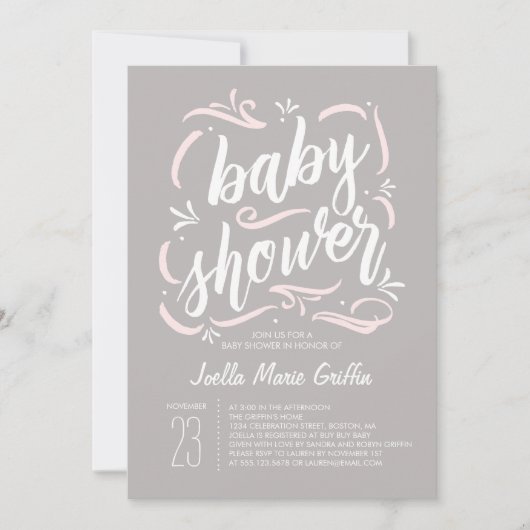Invitation de Baby shower gris et rose (Devant)