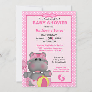 Invitation de Baby shower Hippo rose mignon