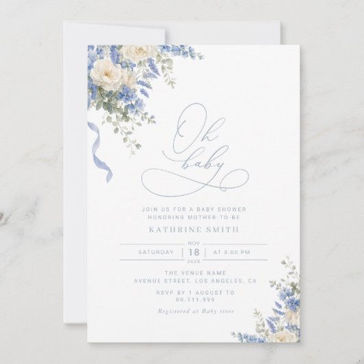 Invitation de baby shower Hydrangea Dusty Blue (Devant)