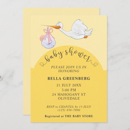 Invitation de Baby shower jaune (Devant / Derrière)