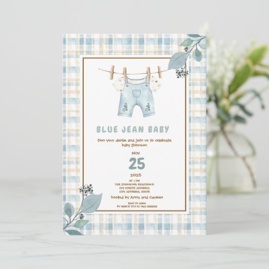 Invitation de Baby Shower Jean Bleu Gingham de Cam (Debout devant)