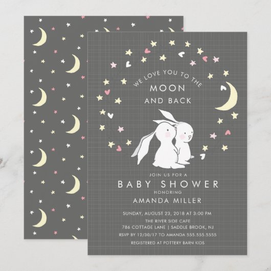 Invitation de Baby shower lapin Lune et Dos (Devant / Derrière)