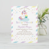 Invitation de baby shower licorne rayée avec des é (Debout devant)