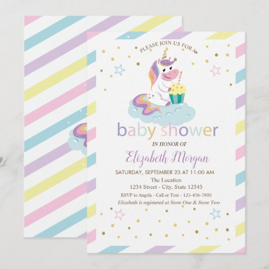 Invitation de baby shower licorne rayée avec des é (Devant / Derrière)