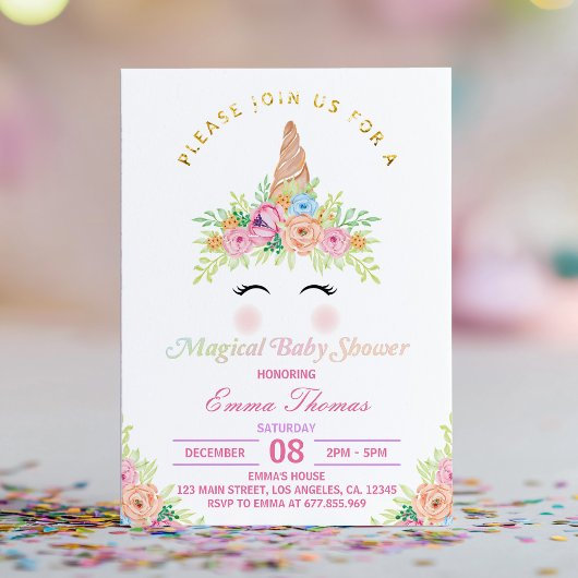 Invitation de Baby shower magique Unicorne florale