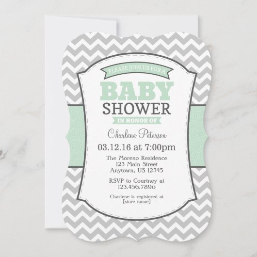 Invitation de Baby shower Mint Green Grey Chevron (Devant)