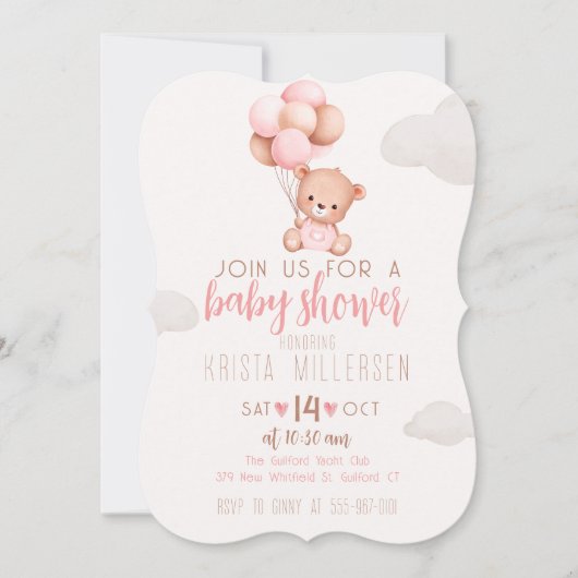Invitation de baby shower modifiable Rose & Ours B (Devant)