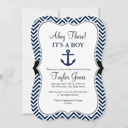 Invitation de Baby shower nautique blanc et marine (Devant)