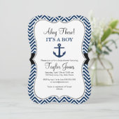 Invitation de Baby shower nautique blanc et marine (Debout devant)